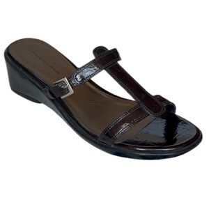 Dressy Sandals Wedge Patent Leather Vintage Y2K Buckle Dark Brown Women Size 7.5